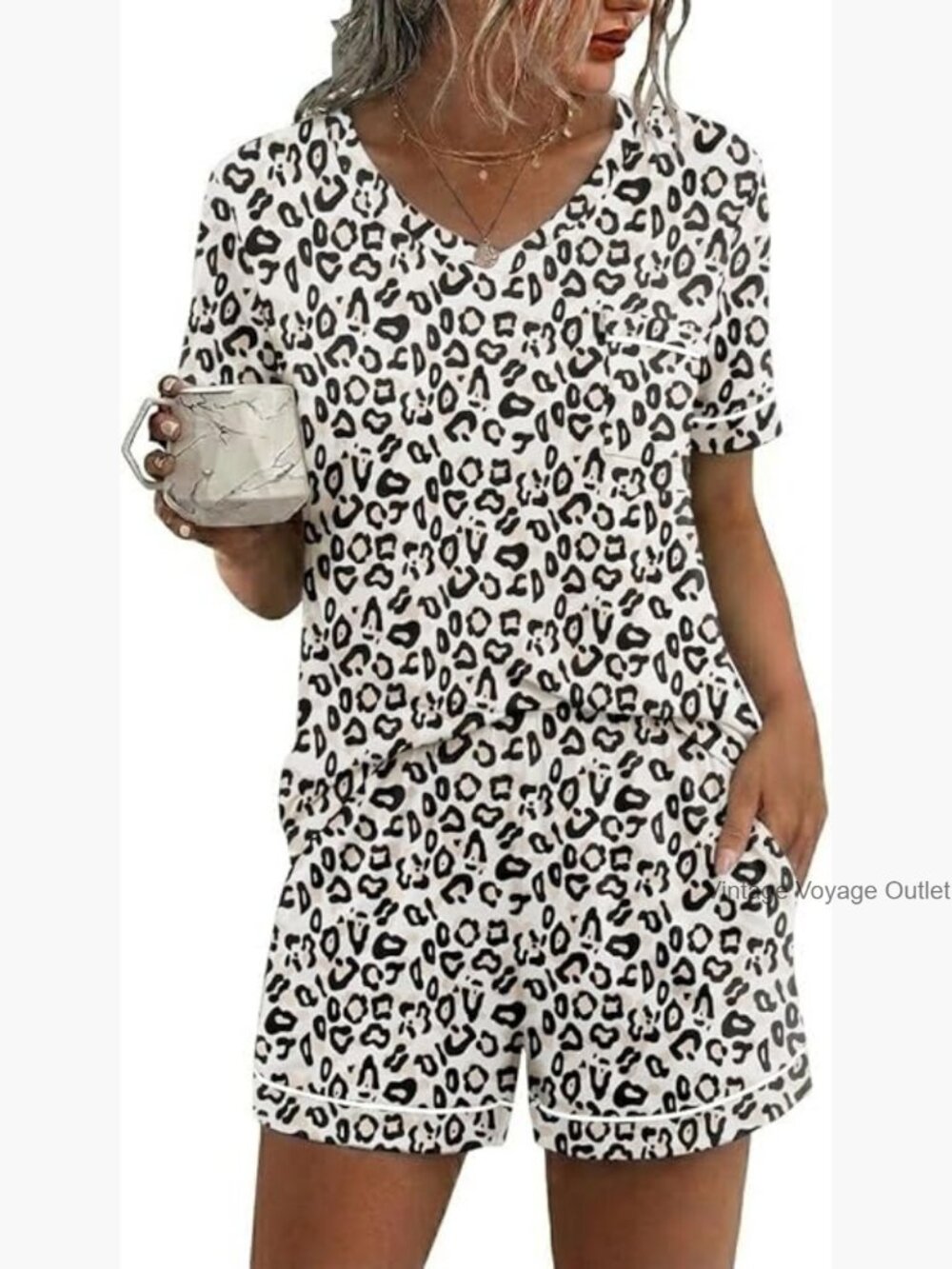 Women's Short Sleeve Pajama Set with Pockets, V-Neck, Summer Sleepwear